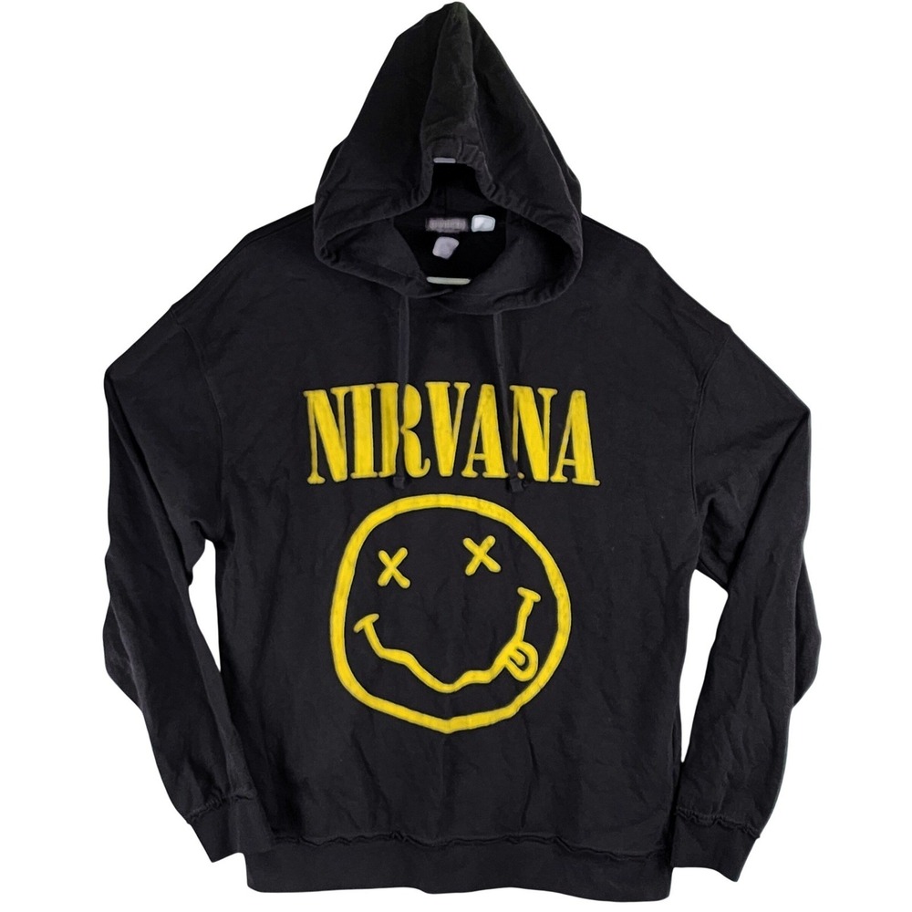 Nirvana Smiley H&M Divided Hoodie Mens M Black Grunge Rock Sweatshirt